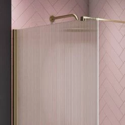 Arezzo 1400 x 900 Fluted Glass Brushed Brass Profile Wet Room (800 Screen, Square Support Arm + Tray) -Shower Enclosures Shop AZFGBB149 d2 460