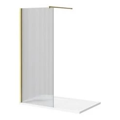 Arezzo 1400 x 900 Fluted Glass Brushed Brass Profile Wet Room (800 Screen, Square Support Arm + Tray) -Shower Enclosures Shop AZFGBB149 d4 460
