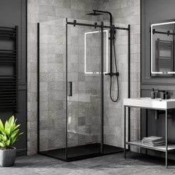Arezzo Matt Black 1200 x 900 Frameless Sliding Door Shower Enclosure with Black Tray