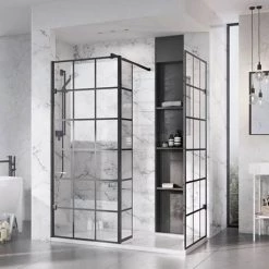 Roman Liberty Black Grid Wetroom Screen + Wall Arm Support - Various Sizes (2000mm High) -Shower Enclosures Shop GPB757 D2 460