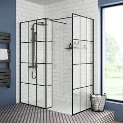 Arezzo W300 x H1950 Hinged Matt Black Grid 8mm Return Screen -Shower Enclosures Shop MBG300HRS d1 460