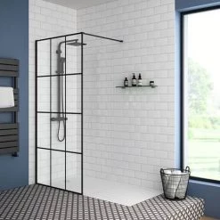 Arezzo 1950mm Matt Black Grid Wetroom Screen + Support Arm -Shower Enclosures Shop MBG d2 460