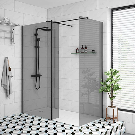 Arezzo 1900mm Grey Tinted Glass Wetroom Screen inc. Matt Black Profile + Support Arm 2 Arezzo 1900mm Grey Tinted Glass Wetroom Screen inc. Matt Black Profile + Support Arm