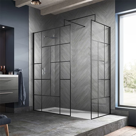 Venice 1700 x 800 Matt Black Abstract Grid Wet Room (incl. Screen, Side Panel + Tray) 3 Venice 1700 x 800 Matt Black Abstract Grid Wet Room (incl. Screen, Side Panel + Tray)