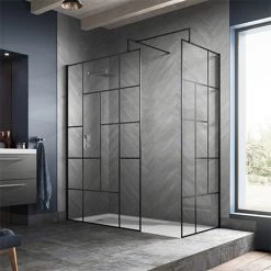 Venice 1600 x 800 Matt Black Abstract Grid Wet Room (incl. Screen, Side Panel + Tray)
