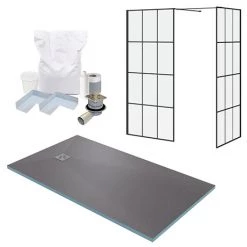Arezzo 1600 x 900 Wetroom Enclosure Pack - Matt Black Grid