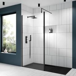 Venice Matt Black Outer Framed 8mm Wetroom Screen with Support Arm (1950mm High) - Various Sizes